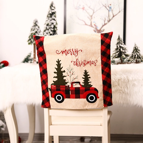 Funda Respaldo Silla Navidad Lino Burlap Camión Rojo Cuadros Búfalo Comedor Decorativo Protector Asiento