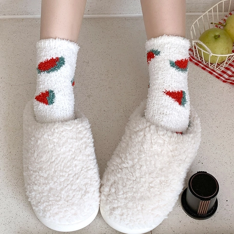 Korallenfleece Socken Mittellang Dick Warm Winter Zuhause Schlafen Fruchtmuster Süß Niedlich Gemütlich Flauschig Damen
