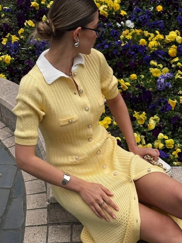 Vestito Maxi In Maglia Con Colletto Polo A Contrasto Maniche Corte Slim Fit Bottoni Elegante Retrò Donna