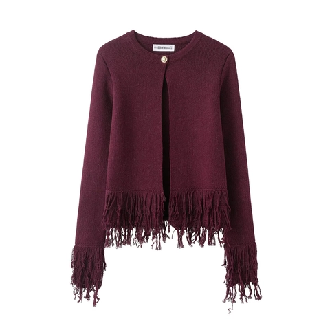 Damen Strickjacke Mit Fransen Rundhals Einzelner Goldener Knopf Einfarbig Lockerer Lässiger Pullover