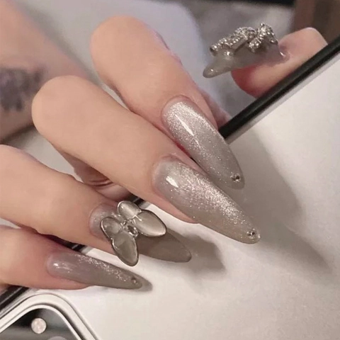 Long Almond Cat Eye Press On Nails Grey Purple Magnetic Glitter Fake Nails With Raised Bow Rhinestones Artificial Nails