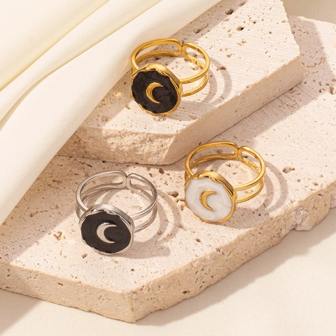 Crescent Moon Ring 304 Stainless Steel Enamel Adjustable Open Design Vintage Bohemian Jewelry For Women