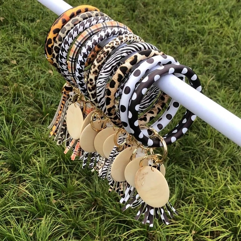 PU Leather Wristlet Keychain With Wooden Disc And Tassel Leopard Zebra Houndstooth Print Wristband Ring For Women