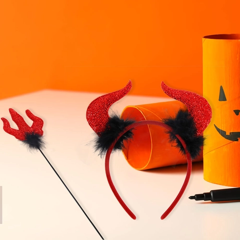 Halloween Devil Horn Headband And Trident Wand Costume Accessories Glitter Sequin Feather Party Decoration