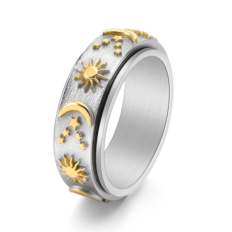 Stainless Steel Spinner Ring Men Celestial Sun Moon Star Patterns Golden Silver Rotatable Band Anxiety Stress Relief Jewelry