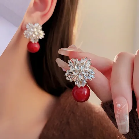 Orecchini Pendenti Fiore Perla Artificial Con Perno Argento Lega Zircone Strass Gioielli Vintage Eleganti Per Donna