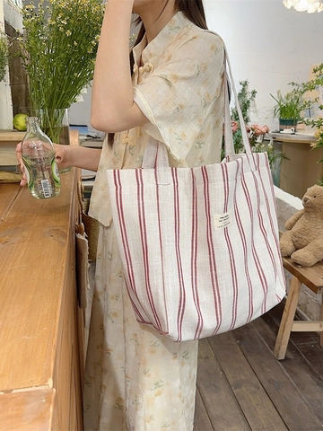 Large Capacity Striped Canvas Tote Bag For Women Japanese Zakka Style Casual Shoulder Handbag Color Block Shopping Commuter