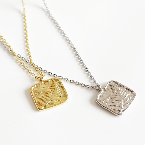 925 Sterling Silver Square Pendant Necklace With Fern Leaf Relief Texture Minimalist Pastoral Style Jewelry For Women