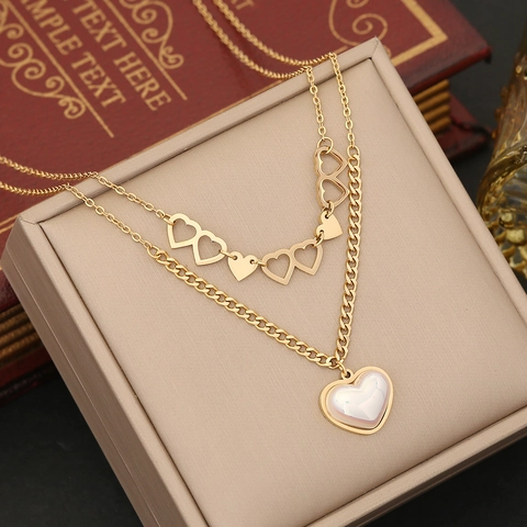 Collier Bracelet Boucles D Oreilles Pendentif Coeur Double Couche Acier Inoxydable Nacre Bijoux Mode Pour Femmes Élégant Or