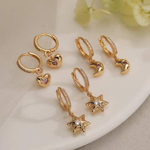 Orecchini Pendenti Cuore Stella Luna Rame Placcato Oro Con Zirconia Per Donne Gioielli Stile Pendolare Squisiti