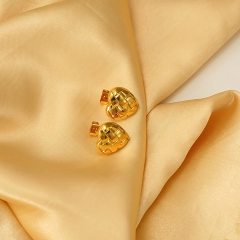 Heart Stud Earrings 18K Gold Plated 304 Stainless Steel Woven Texture Braided Pattern Elegant Fashion Jewelry For Women
