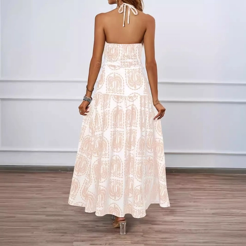 Damen Neckholder Maxikleid Palmen Tropischer Druck Ärmellos Rückenfrei Hohe Taille Gestuft Strand Urlaub Boho Sommer