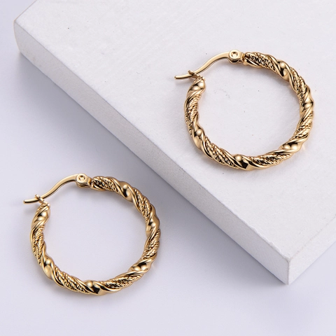 Minimalist Twisted Rope Hoop Earrings 316L Stainless Steel 18K Gold Plated For Women Chic Jewelry