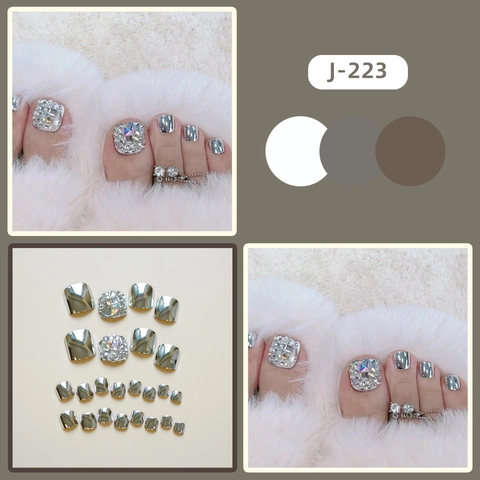 Silver Mirror Press On Toenails With Rhinestones Glossy Square Iridescent Jewel Artificial False Foot Nails For Women