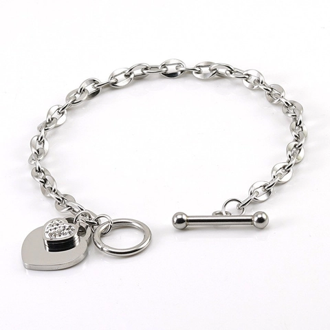 Heart Charm Bracelet Stainless Steel 18K Gold Plated OT Clasp T-Bar Micro Paved Rhinestone Zirconia Double Heart Fashion Women