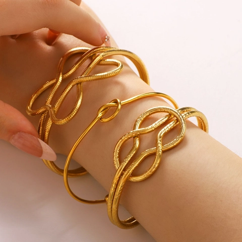 Brazaletes De Puño Con Nudo Geométrico Acero Inoxidable Chapado En Oro 18K Textura Martillada Minimalista Joyería Pulsera Mujer