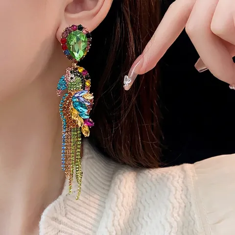 Parrot Shape Multi Colored Rhinestone Tassel Drop Earrings With 925 Sterling Silver Earring Post Exaggerated Jewelry For Women