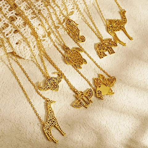 Stainless Steel Geometric Animal Pendant Necklace For Women Hollow Wolf Bear Fox Turtle Gold Plated Minimalist Fashion Jewelry