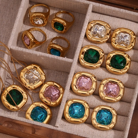 Vintage Stainless Steel 18K Gold Plated Rounded Square Floral Rhinestone Jewelry Set For Women Earrings Necklace Ring