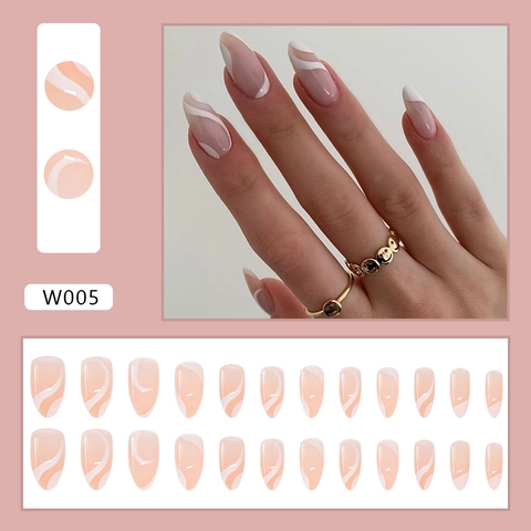 Press On Nails Long Almond Fake Nails White Geometric Wavy Lines French Style ABS Plastic Removable For Women