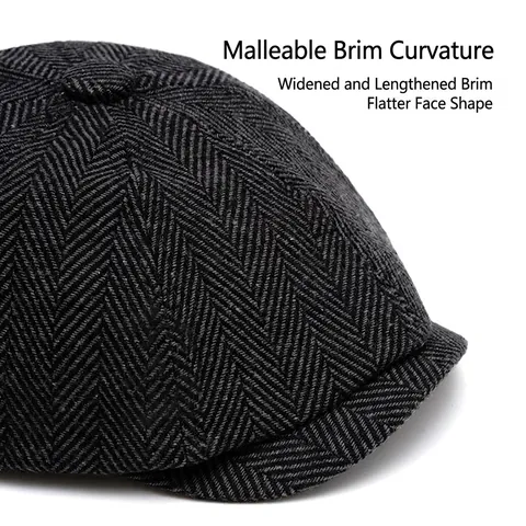 Herren Schiebermütze Wollmischung Fischgrätenmuster Tweed Achteckige Mütze Verstellbar Winter Herbst Vintage