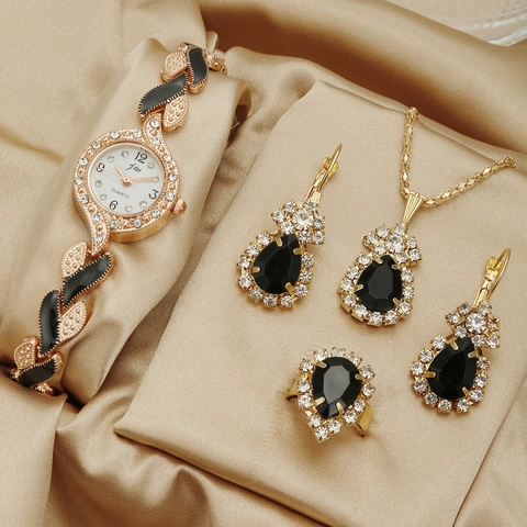 Women Quartz Watch Alloy Leaf Bracelet Rhinestone Fashion Jewelry Necklace Earrings Ring Elegant Accessory For Ladies