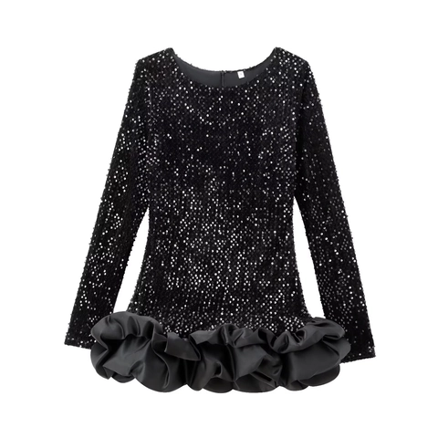Langarm Rundhals Slim Fit Minikleid Mit Elegantem Blasenelsaum Pailletten Patchwork Party Clubwear Outfit