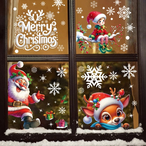 Christmas Window Stickers Static Cling PVC Decals Santa Reindeer Snowman Snowflakes Holiday Glass Decor Removable Cartoon