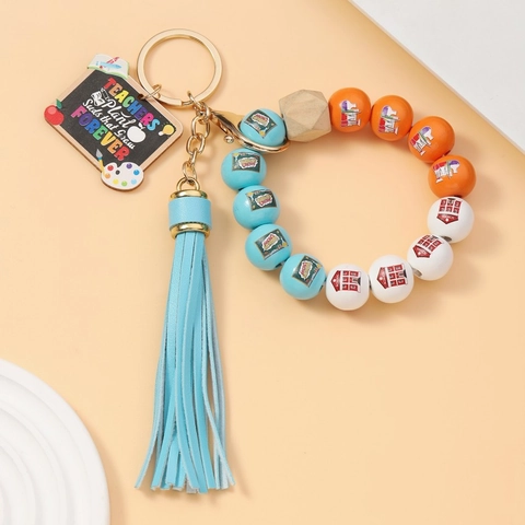 Leraar Waardering Geschenk Kralen Sleutelhanger Armband Acryl Houten Kralen Armband Met Kwastje Schoolbus Appel Hanger Sieraden
