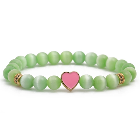 Cat's Eye Stone Beaded Bracelet Heart Pendant Copper Rhinestone Enamel Charm Elastic Fashion Jewelry For Women Elegant