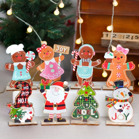Christmas Tabletop Ornaments Wooden Gingerbread Man Santa Claus Snowman Gnome Festive Desktop Decoration Cartoon Style