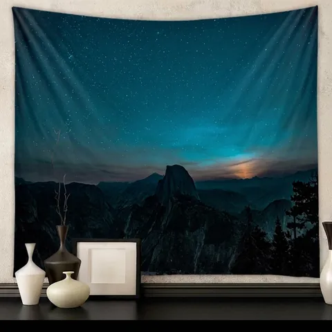 Starry Night Mountain Tapestry Polyester Galaxy Landscape Wall Hanging Aesthetic Bohemian Room Decor Background Cloth