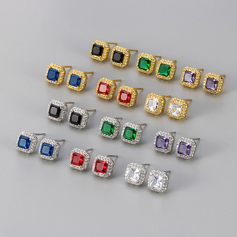 Eleganti Orecchini a Bottone con Strass Quadrati per Donna Gioielli in Rame con Perno in Argento Sterling 925 Stile Halo Colorato Regalo