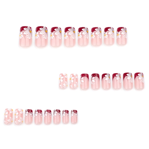 Rode French Tip Plaknagels Witte Madeliefje Bloem Korte Vierkante Kunstnagels Voor Vrouwen