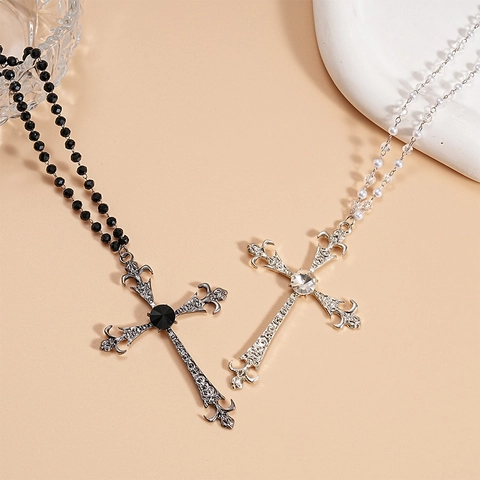 Collana Con Pendente A Croce Gotica Retro Lega Imitazione Perla Artificial Perline Di Vetro Gioielli Stile Barocco Per Donna