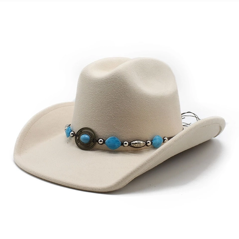 Chapeau De Cow-Boy De L'Ouest À Large Bord Feutre De Laine Bande De Perles Turquoise Style Boho Ethnique Fedora Pour Hommes Femmes
