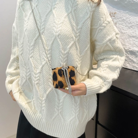 Fashion Leopard Print Mini Crossbody Bag Canvas Small Bucket Purse With Silver Chain Strap Shoulder Pouch For Women