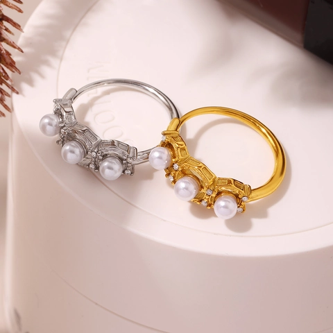 Anillo Ajustable De Acero Inoxidable Con Perlas Artificiales De Imitación Y Circón Diseño Hueco Joyería De Lujo Elegante Para Mujer