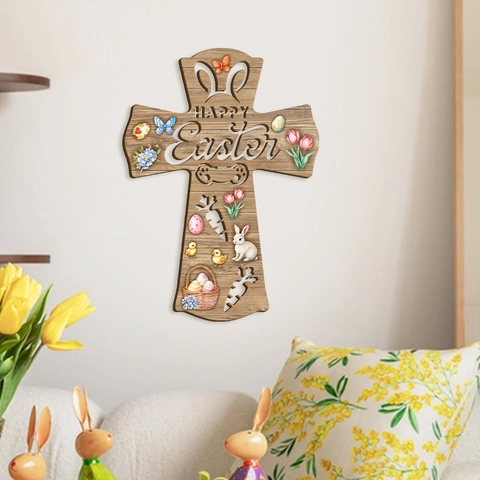 Easter Cross Wooden Wall Hanging Decoration Happy Easter Hollow Out Poplar Wood Rabbit Egg Tulip Print Festive Ornament
