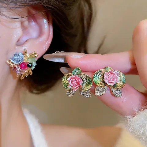 Orecchini A Lobo Fiori Lega Resina Strass Con Perno In Argento Sterling 925 Stile Pittura A Olio Monet Gioielli Vintage