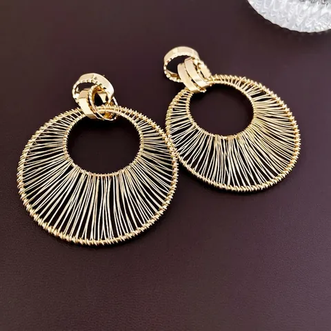Hollow Geometric Round Earrings Copper Wire Wrapped Minimalist Jewelry With Silver Earring Post For Women