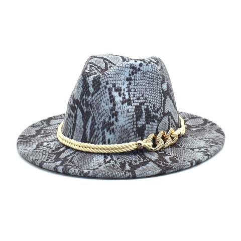 Cappello Fedora In Lana Stampa Serpente Tesa Larga Catena Dorata Decorazione Cappello Jazz Vintage Donna Uomo