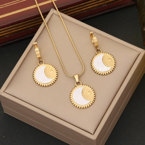 Sonne Mond Halskette Und Ohrringe Edelstahl Vergoldet Perlmutt Emaille Anhänger Vintage Schmuck Damen