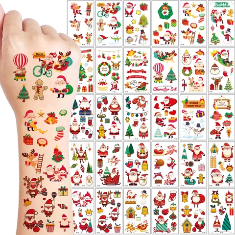 Tatuaggi Temporanei Di Natale Per Bambini Impermeabile Cartone Animato Babbo Natale Renna Pupazzo Di Neve Regali Di Festa