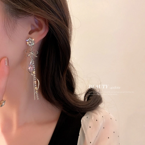 Boucles Oreilles Longues Pampilles Alliage Coeur Rose Cristal Fleur Noeud Strass Avec Tige En Argent Pour Femme Style Doux