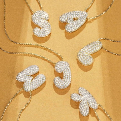 Vergoldetes Kupfer 3D Bubble Alphabet Buchstabe Initial Anhänger Halskette Micro Pave Zirkonia Hip Hop Schmuck Für Damen Herren