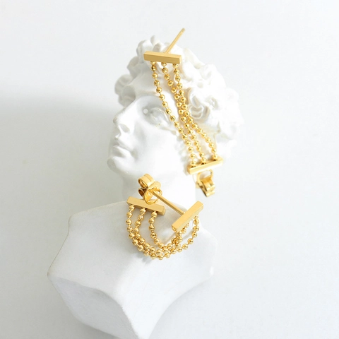 Multi Strand Bead Chain Tassel Stud Earrings Gold Plated Titanium Steel Geometric U-Shape Minimalist Fashion Jewelry