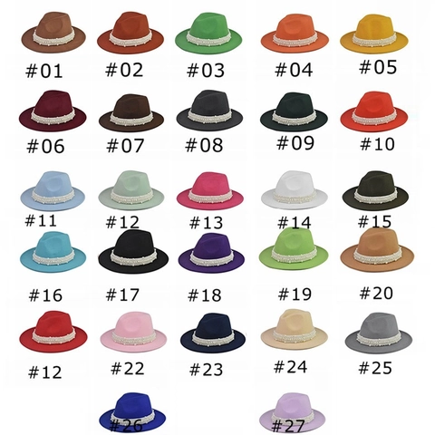 Elegant Wide Brim Woolen Fedora Hat For Women Vintage Flat Top Felt Hat With Multi Row Faux Pearl Band Fashion Accessories
