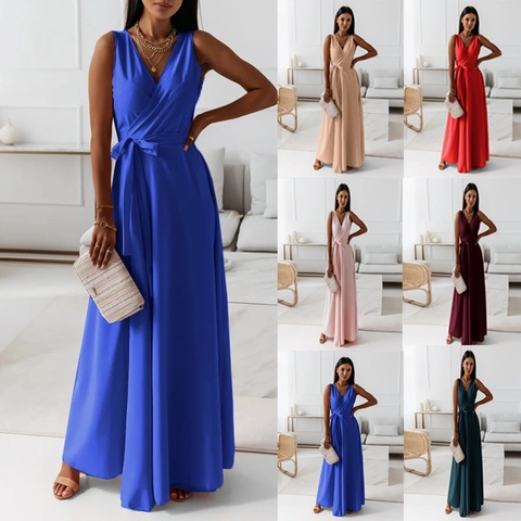 Elegant Women's Sleeveless V-Neck Wrap Maxi Dress With Belt Satin Finish Solid Color Summer Party Evening Long Dress For Ladies
