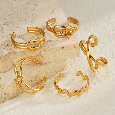 Vintage Edelstahl 14K Vergoldet Offener Ring Für Damen Unregelmäßig Geometrisch Knoten Blatt Kette Verstellbarer Modeschmuck Geschenk
